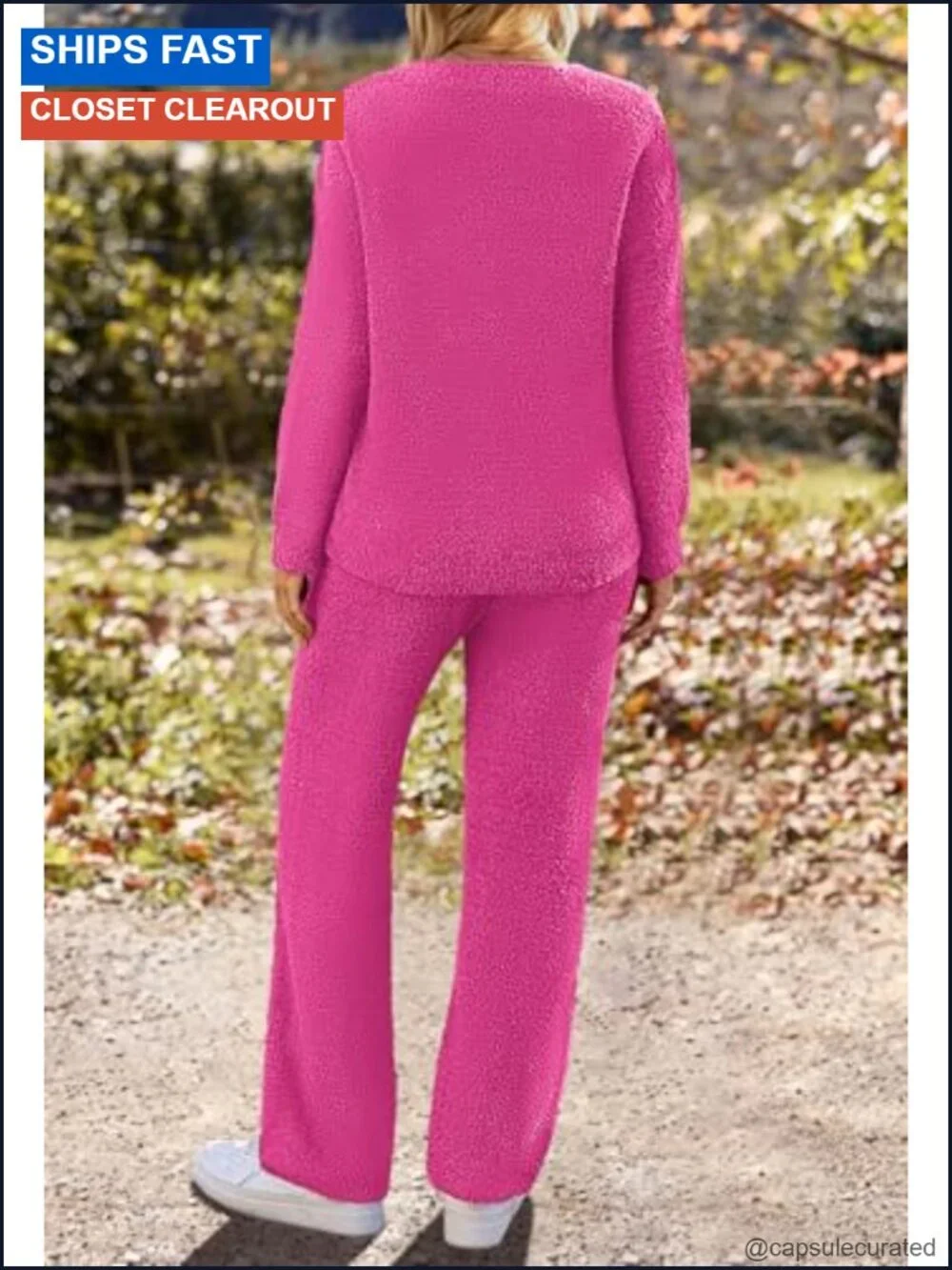 Women's Fuzzy Fleece 2 Piece Lounge Pajama Set with V-Neck Top and Wide Leg